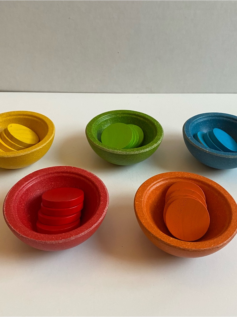 Plan Toys Sort & Count Cups | Colorful Wooden Sorting Bowls & Coins Set